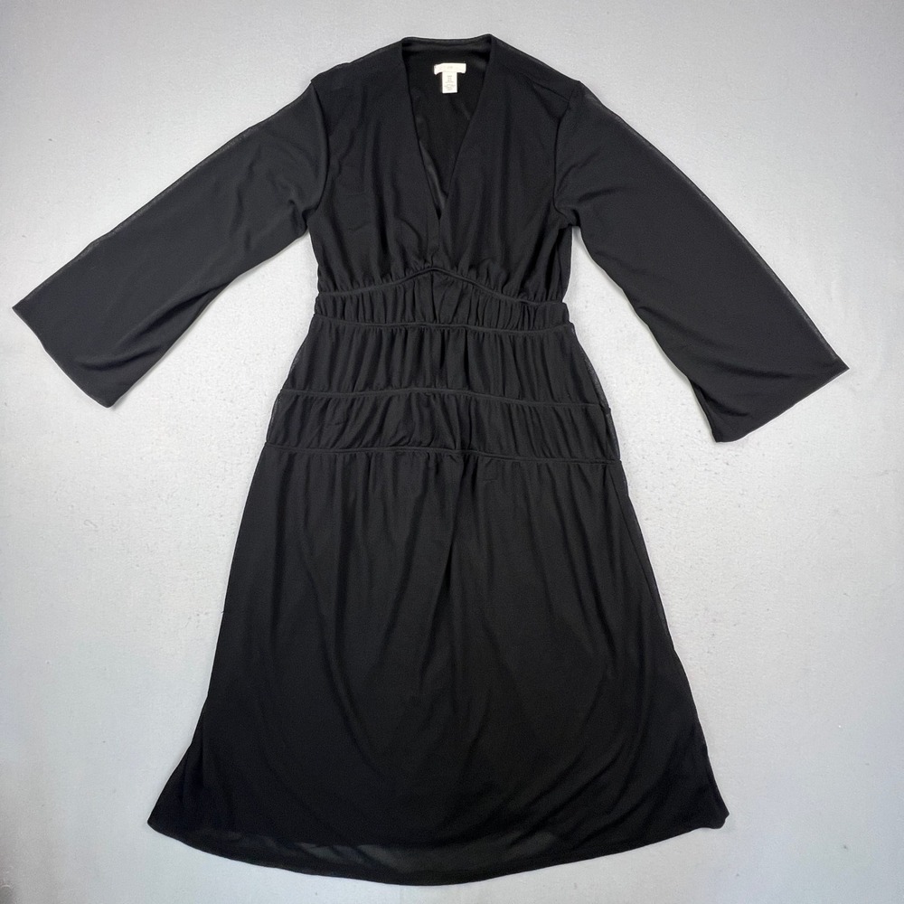 H&M Midi Dress Womens Medium Black V-Neck Smocked Waist Long Bell Sleeve Boho